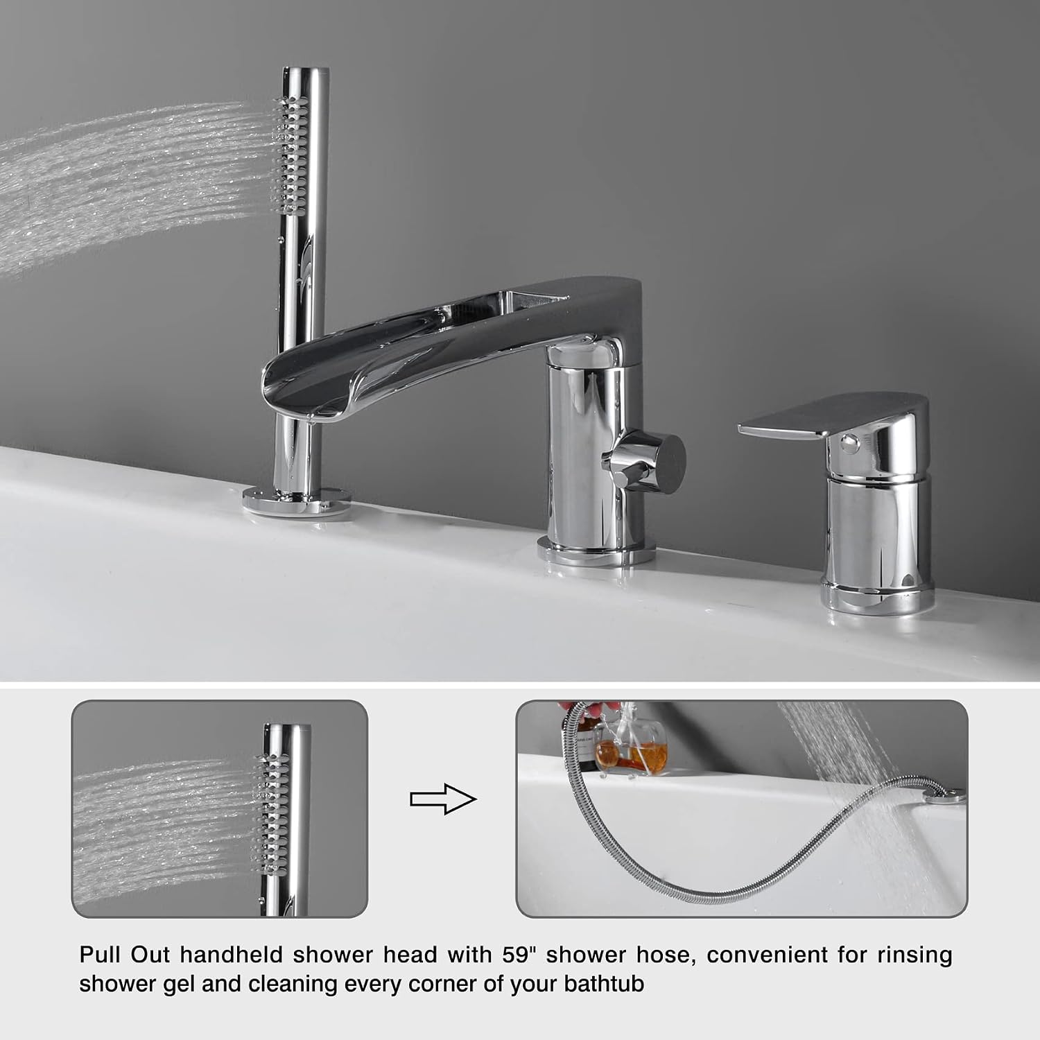 TapLong Waterfall Roman Tub Faucet with Hand Shower, Widespread Deck Mount Bathtub Faucet with Sprayer, Single-Handle 3-Holes Bathtub Shower Faucet Set in Chrome, 03119CH