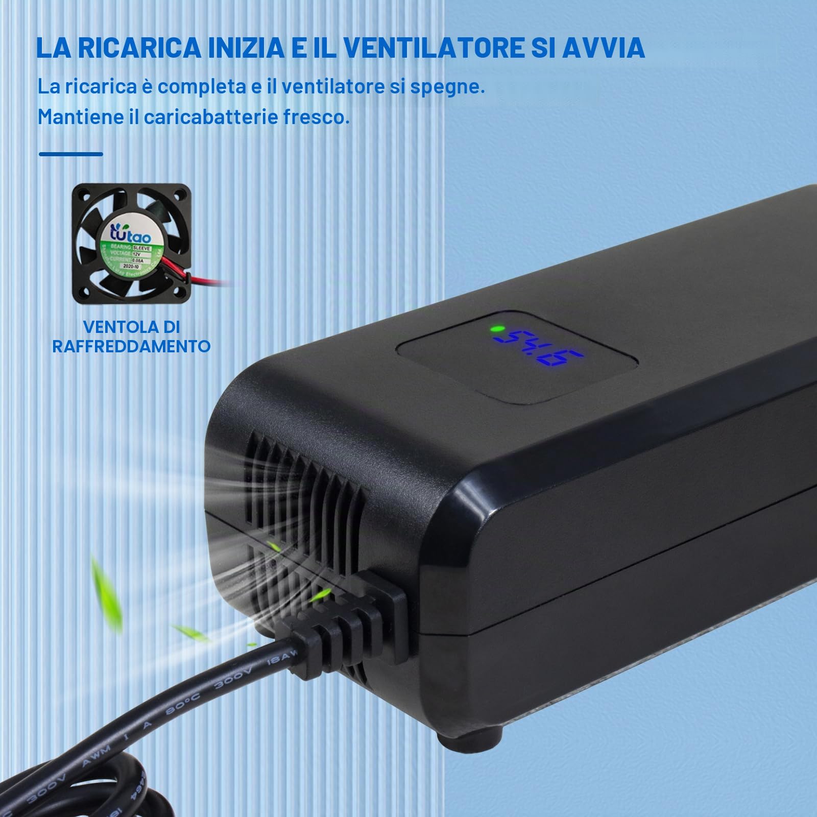Caricatore per batteria al litio da 48V per E-Bike scooter elettrico DC1 foro 5,5 * 2,1mm connettore, alimentatore 54,6V 4a con ventola integrata, con indicatore della tensione di