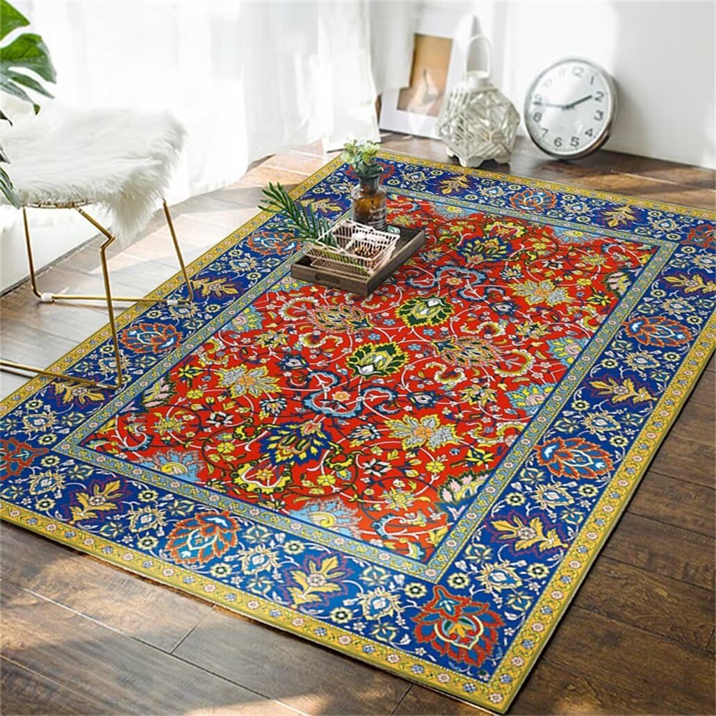 Tapis salon lavable 120x150cm bleu à fleurs rouge pour chambre d'enfant