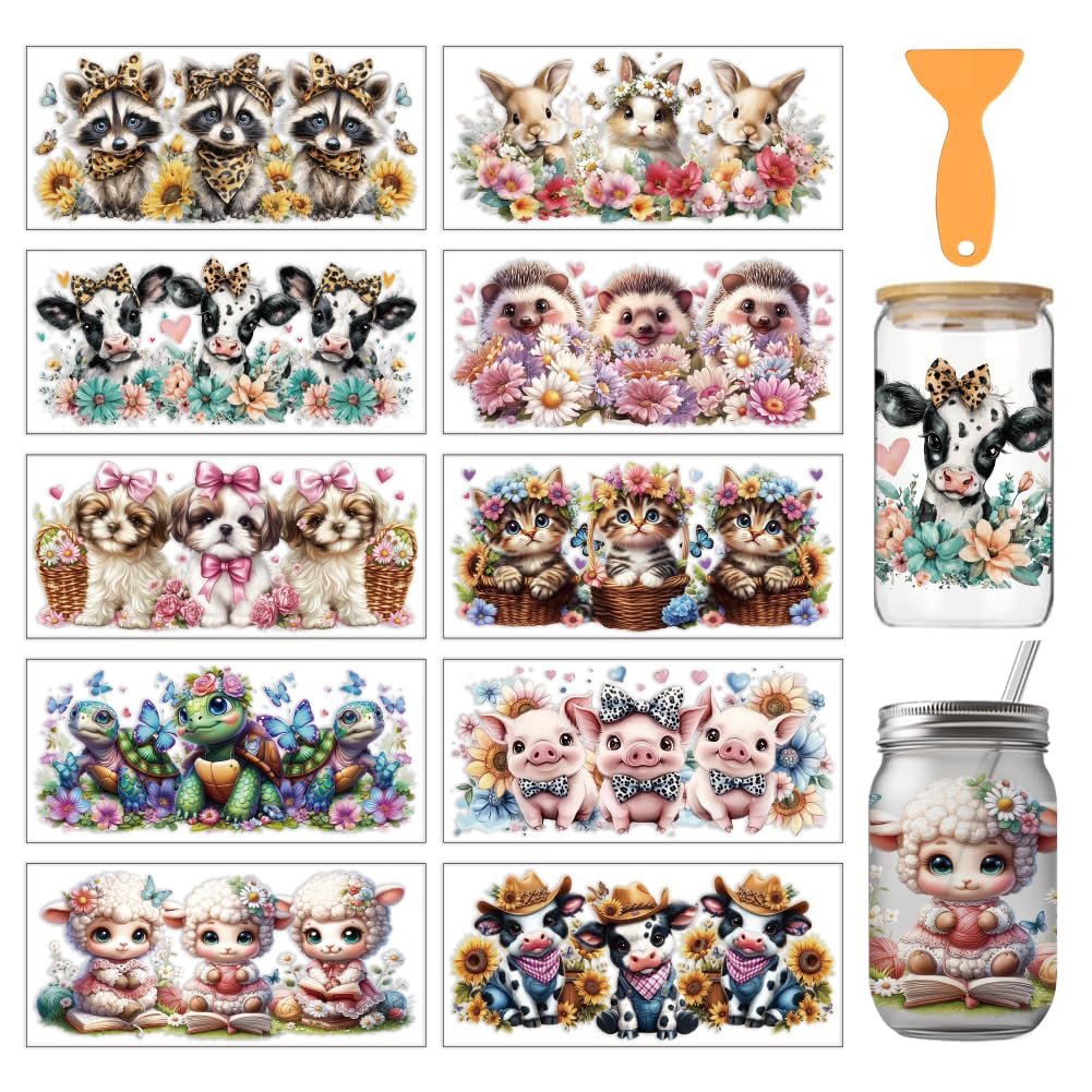 arricraft 10 Sheets Cute Animals UV DTF Cup Wrap for 16OZ Glass, Animal-Shaped Flowerbeds Rub on Decals PVC Transfer Stickers for DIY Cups Wood Funiture 24x11cm/9.4x4.3inch — image 1