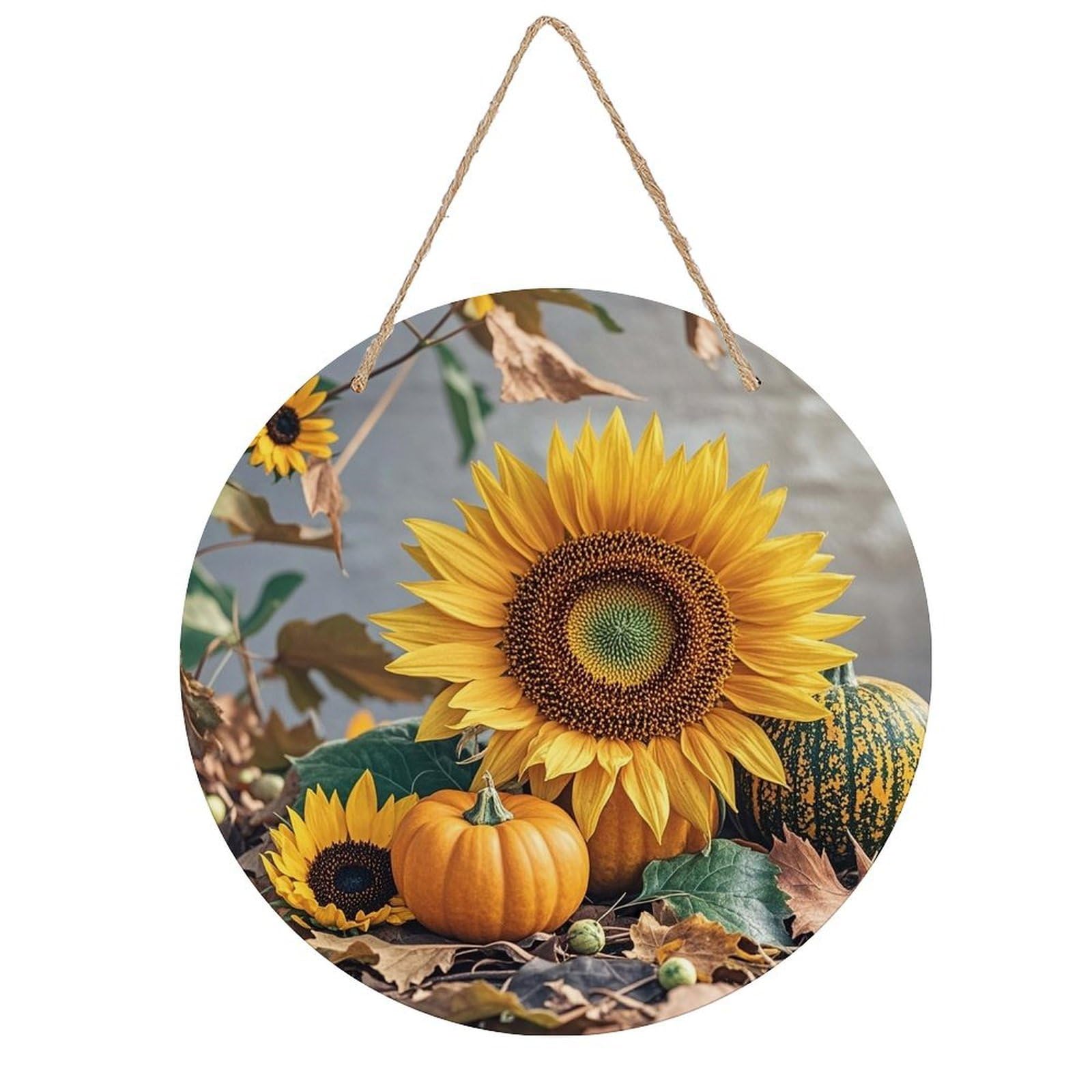 LZQPOEAS Fall Pumpkin Sunflower Wall Art Decor Round Wood Hanging Sign Rustic Vintage Wooden Door Hanger with Ropes Decorative Plaque Welcome Sign for Home Indoor Outdoor, 7.9x7.9 in