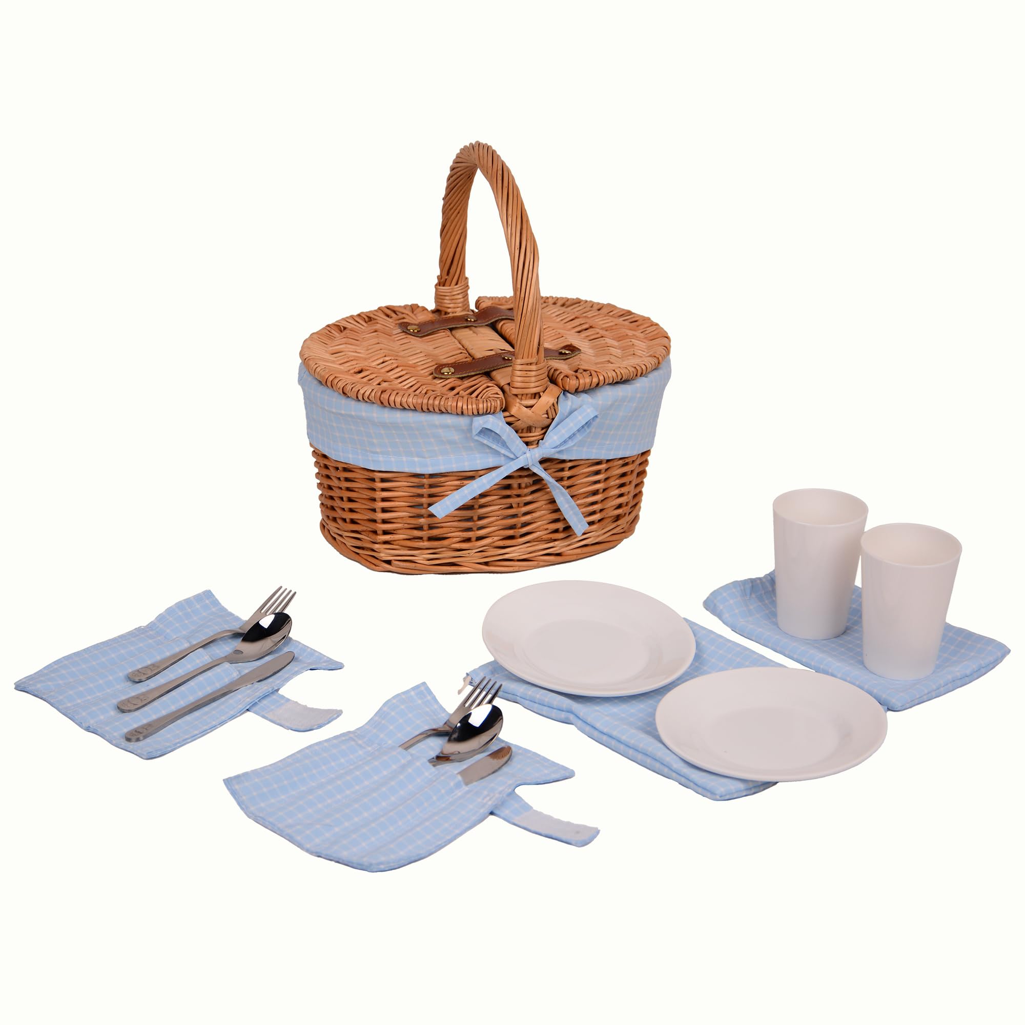 Cesta de picnic, ovalada, para 2 personas, con equipo, azul