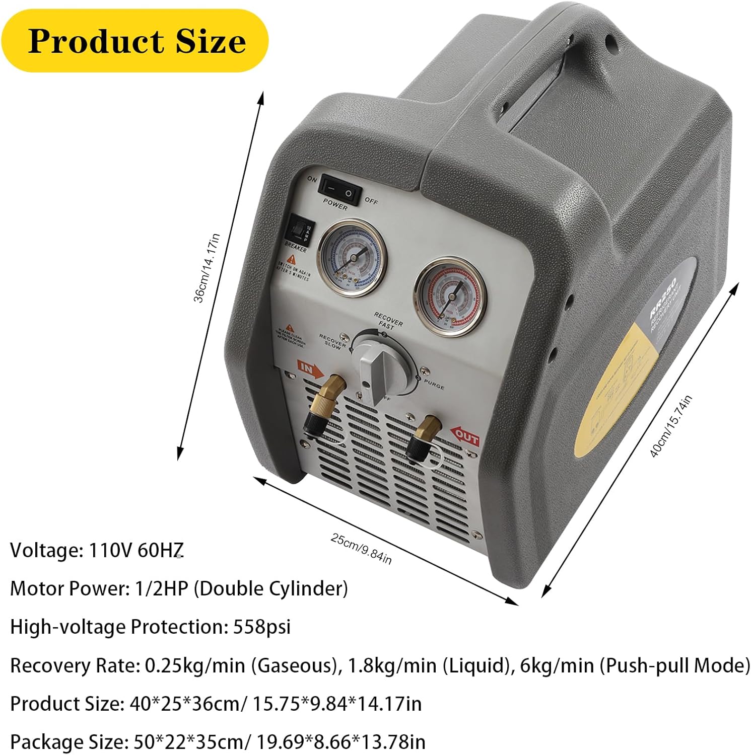 Portable 1/2 HP Refrigerant Recovery Machine- 110V 60Hz Recovery Machine HVAC-AC Recovery Machine, for Both Liquid and Vapor Refrigerant, 558psi High-Voltage Protection, Double Cylinder, Grey