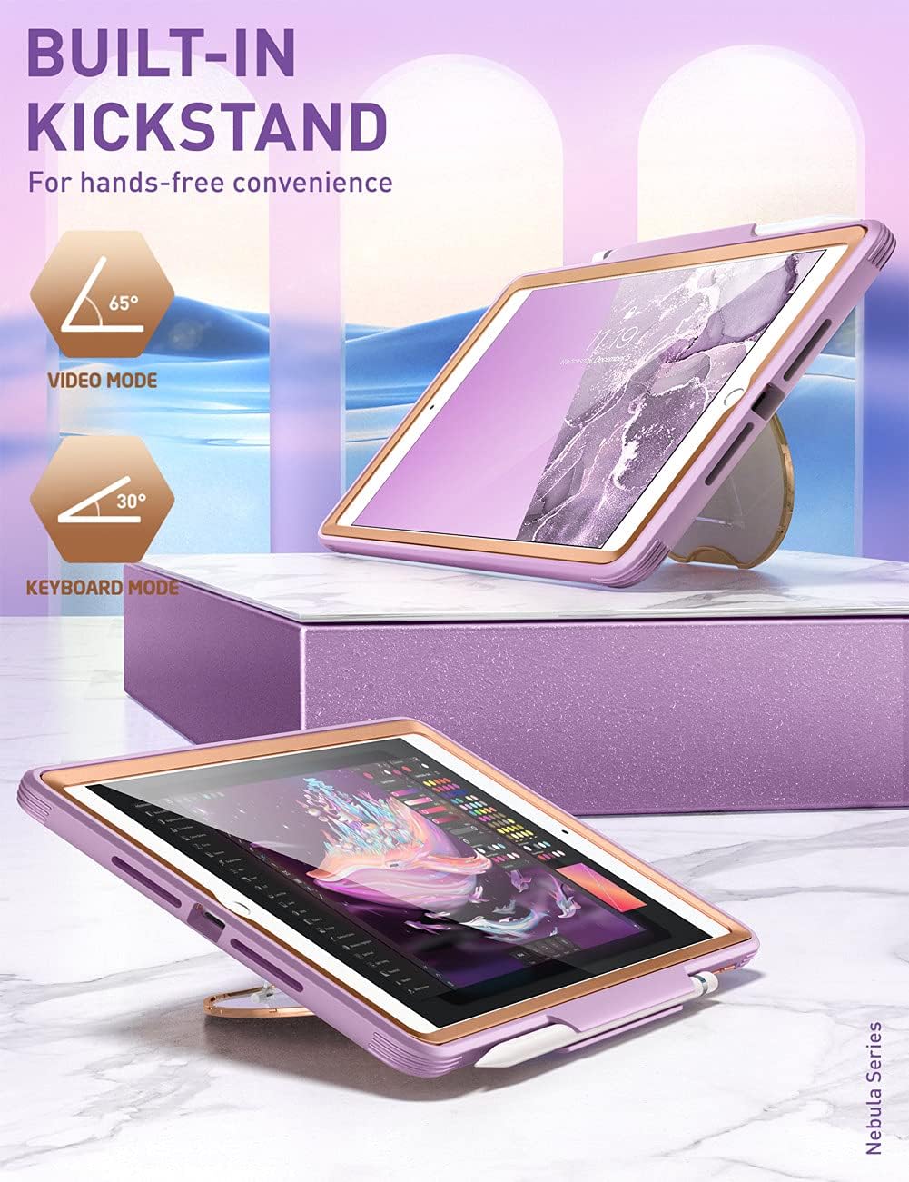 Clayco Nebula Case for iPad 9th/8th/7th Generation Case 10.2 Inch 2021/2020/2019, Multi-Angle Viewing Full Body Stand Cover for iPad 10.2" with Built-in Screen Protector & Pencil Holder, Purple