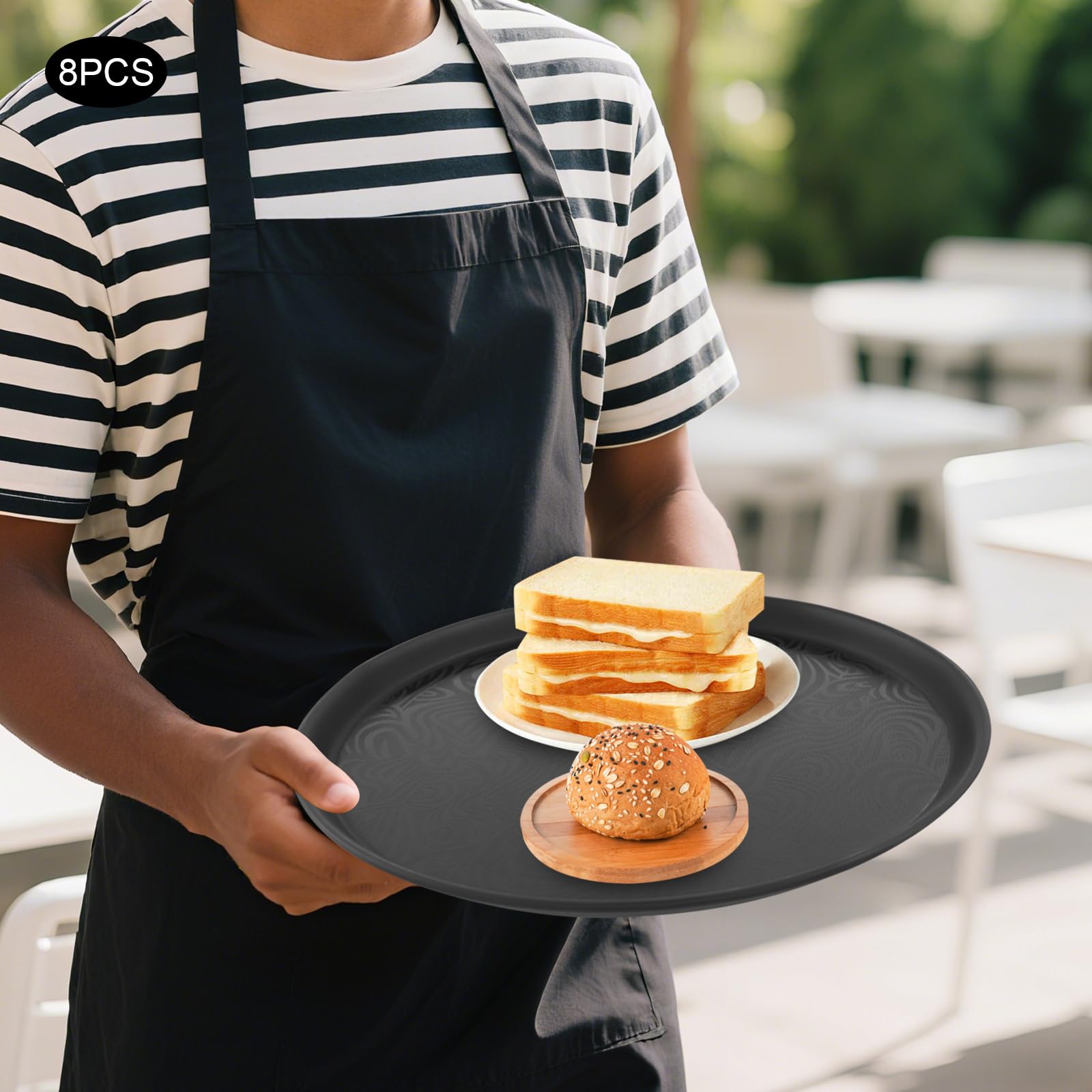 Juego de 8 bandejas de servicio redondas antideslizantes de plástico resistente, color negro, bandeja de restaurante para hoteles, cafés y bar, ligera y robusta para bebidas y comidas (35