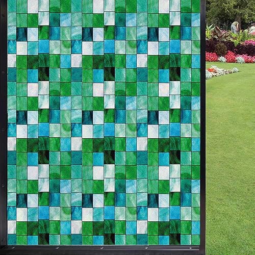 Película de privacidad esmerilada esmeralda para ventana, cuadrados de mosaico geométricos con esquema de color acuático suave, patrón de azulejos a