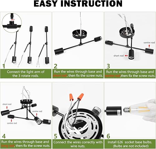 Miniatura 8 de Asnxcju Lámpara de techo moderna semiempotrada, lámpara Sputnik negra de 6 luces para iluminación de dormitorio, lámpara de cocina industrial para