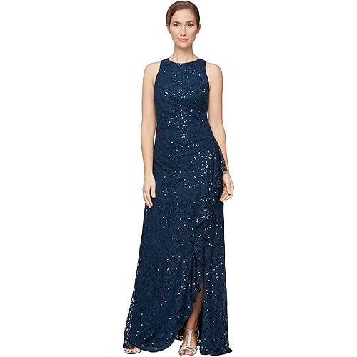 Alex Evenings Womens Long Sleeveless Mother of The Bride Dress W/Cascade Ruffle & Front Slit (Petite and Regular Sizes)