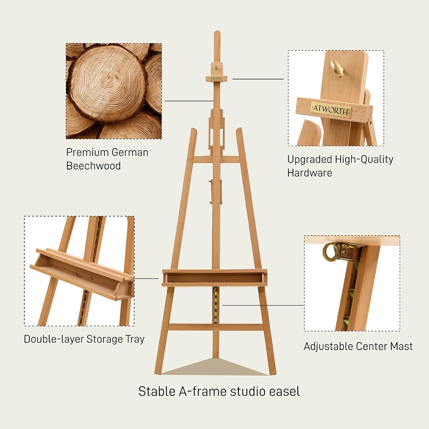 ATWORTH Studio Art Easel,Solid Beech Wood Artist Easel,Hold Canvas up to 48”, Adjustable A-Frame Lyre Style Painting Easel Stand with Storage Tray, Natural