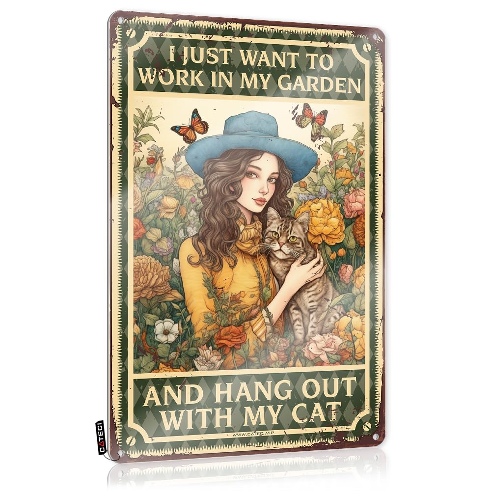 MWFKKADDB Funny Home Decor Funny Metal Poster I Just Want To Work In My Garden And Hang Out With Cat Tin Sign Metal Signs Vintageretro Room Decorfunny Bathroom Wall Decorkitchen Witch Decor(30X40CM)