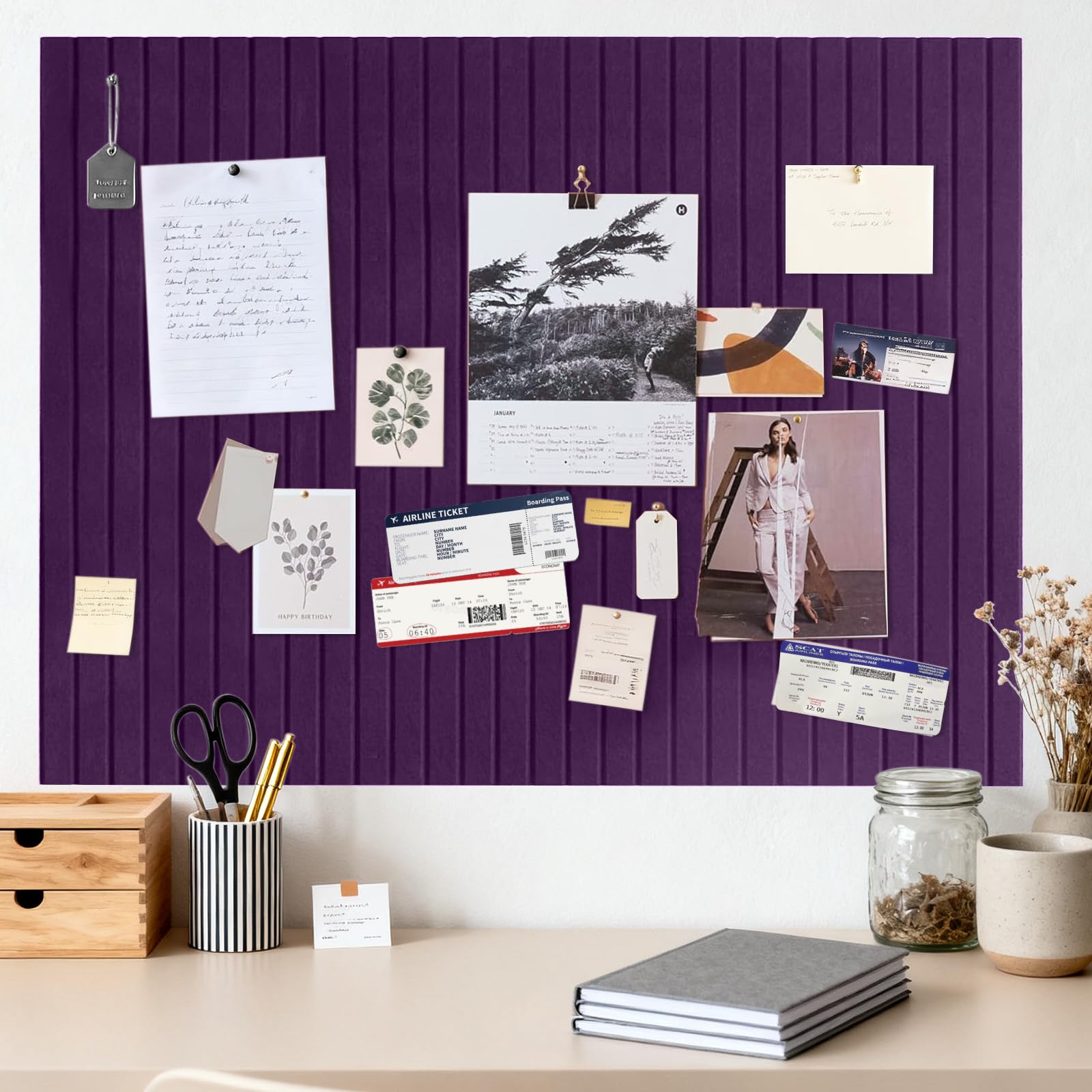 Pin Board, Large, Self-Adhesive, 120 x 90 cm, Purple, Self-Adhesive Pin Board, Cork Board, Light Camel, Decorative Felt Notice Board, Foldable Photo Board, Memo Board, Vision Board for Office, Home