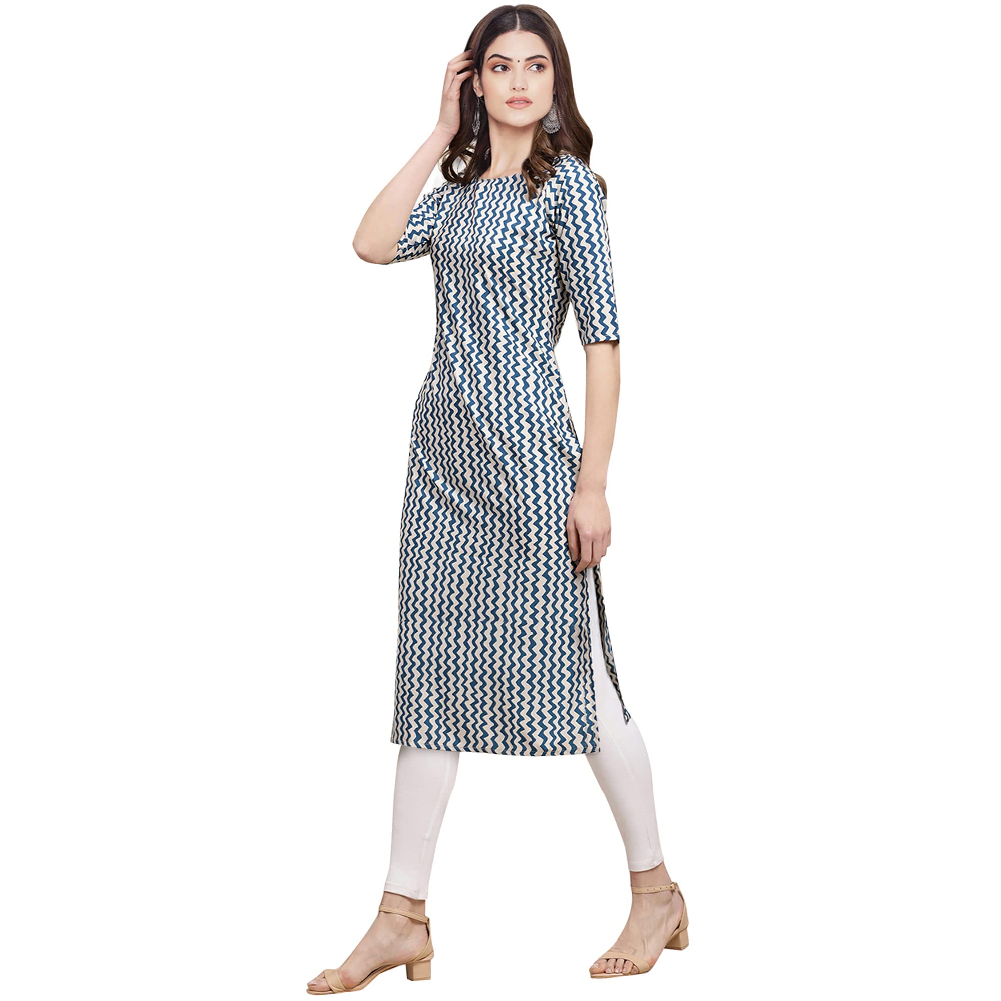 Pinkmint Women's Crepe White & Blue Color Zig Zag Printed Straight Kurti (530331-Xxl)