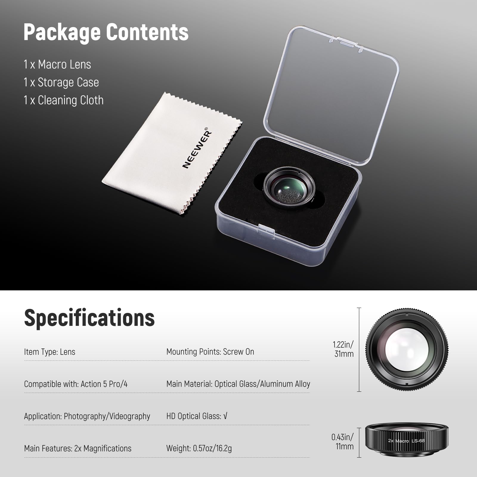 NEEWER Lente Macro Compatible con dji Osmo Action 5 Pro/4 Cámara Acción, Aumento 2X, 2 Elementos en 1 Grupo, Distancia Focal 3-4cm, Accesorio para Fotografía de Cerca, No Resistente al Agua, LS-68