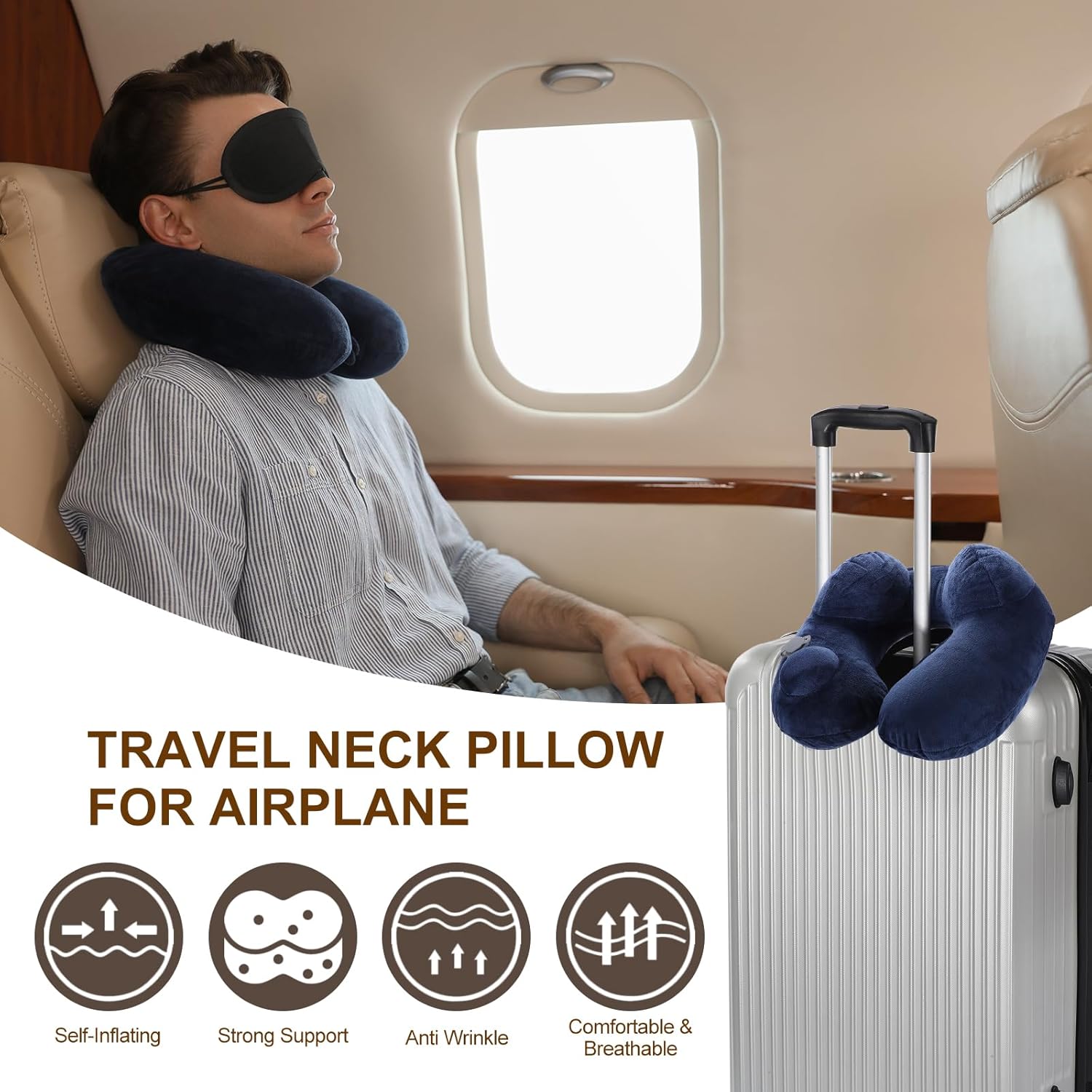 PATIKIL Self-Inflatable Pillow, 2 Pack Soft Flush Travel Neck Pillow Sleeping Anti Wrinkle Pillow Head Neck Support with Compact Bag for Plane Train for Travel Airplane, Navy Blue