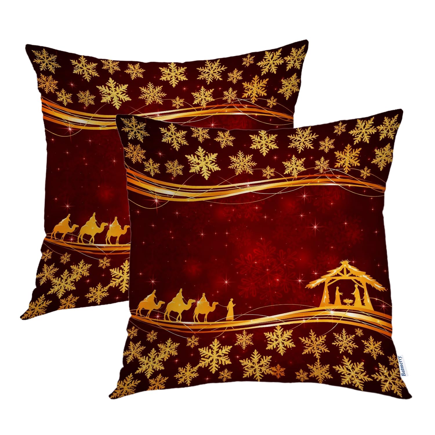 Batmerry Set of 2 Merry Christmas Decorative Pillow Covers 18x18 inch,Christmas Wise Men Golden Star of Bethlehem Double Sided Throw Pillow Covers Sofa Cushion Cover
