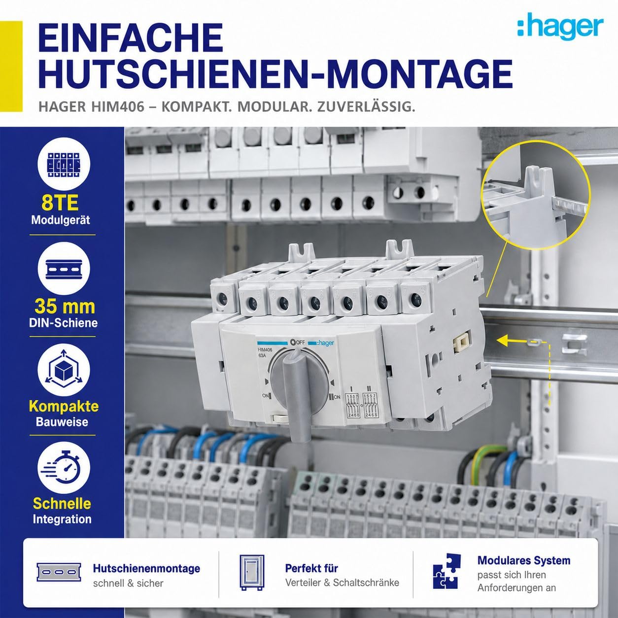 HAGER HIM406 Lastumschalter 63A 4-polig 3P+N für Hutschiene 35mm, Umschalter mit Sicherheitstrennung I-0-II, Lasttrennschalter 400V AC 41kW nach DIN EN 60947-3, 8TE Modulgerät