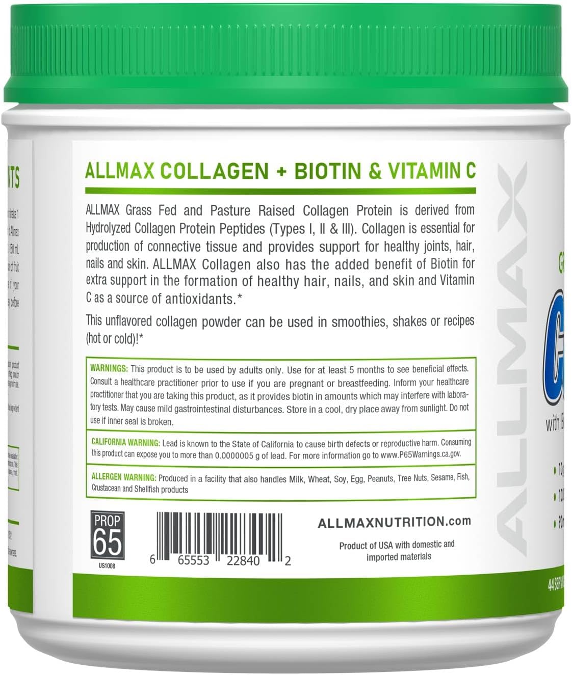 ALLMAX Collagen Powder Unflavored, Hydrolyzed Collagen Peptides, Grass Fed Bovine Collagen, Vitamin C & Biotin, Hair Skin Nails & Joint Support, 440g, 44 Servings