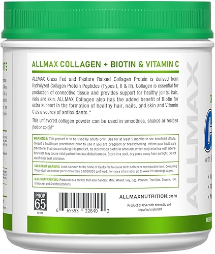 Miniatura 2 de ALLMAX Nutrition Colágeno alimentado con pasto y criado en pastos con 10,000 mcg de biotina + 90 mg de vitamina C, sin sabor, 15.5 oz (440 g)