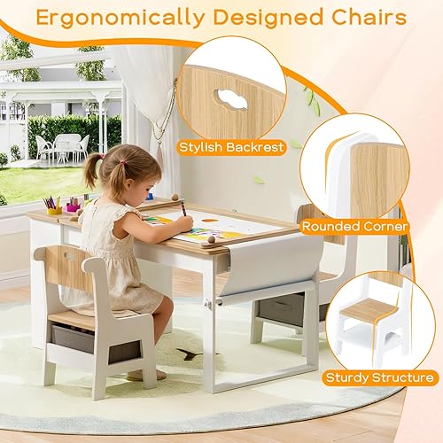 Miniatura 5 de Mesa y sillas de arte para niños, mesa de manualidades y 2 sillas con papel en rollo, escritorio de actividades grande con 6 vasos de pintura