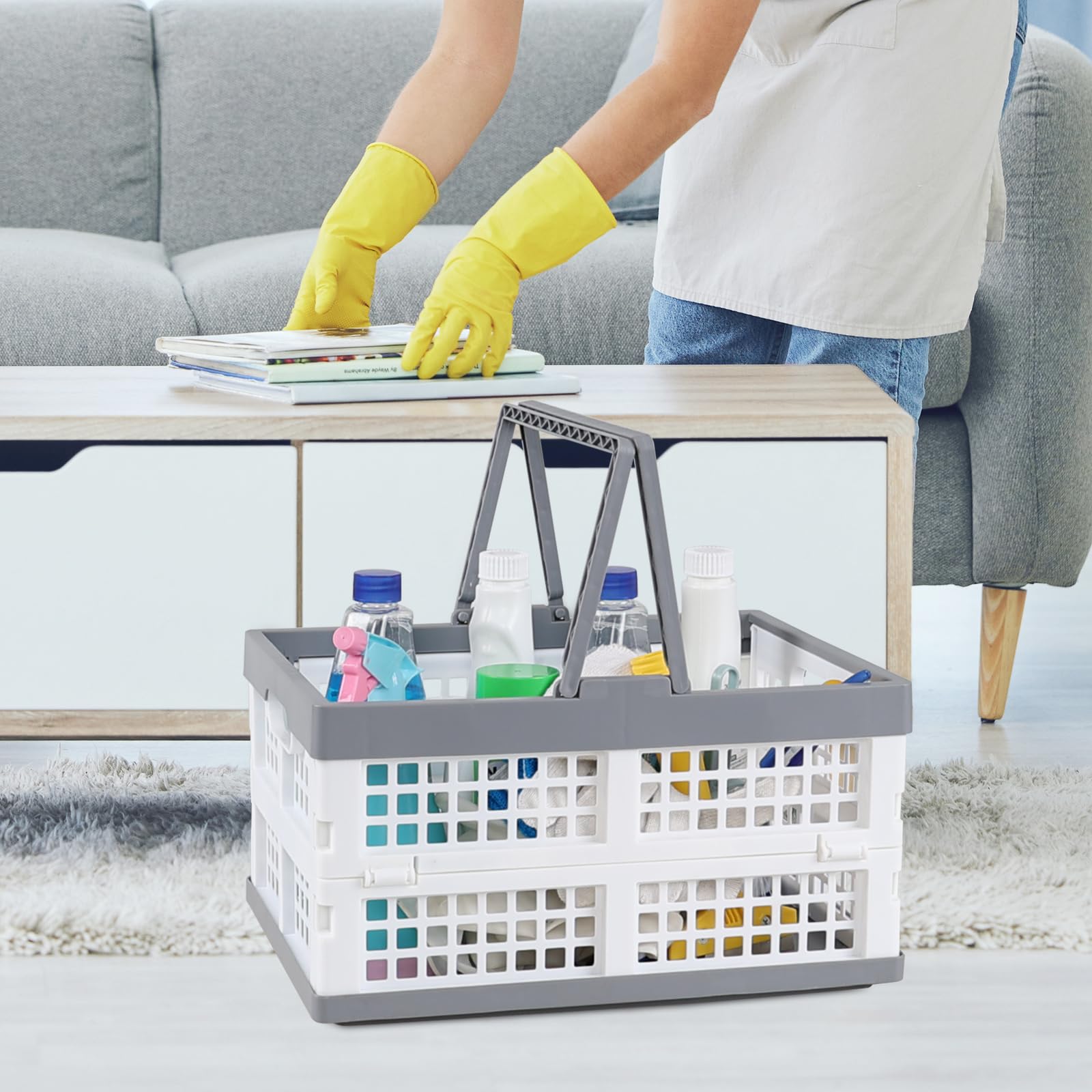15 L cesta de la compra de plástico plegable, paquete de 2 cajas de almacenamiento plegables con asas