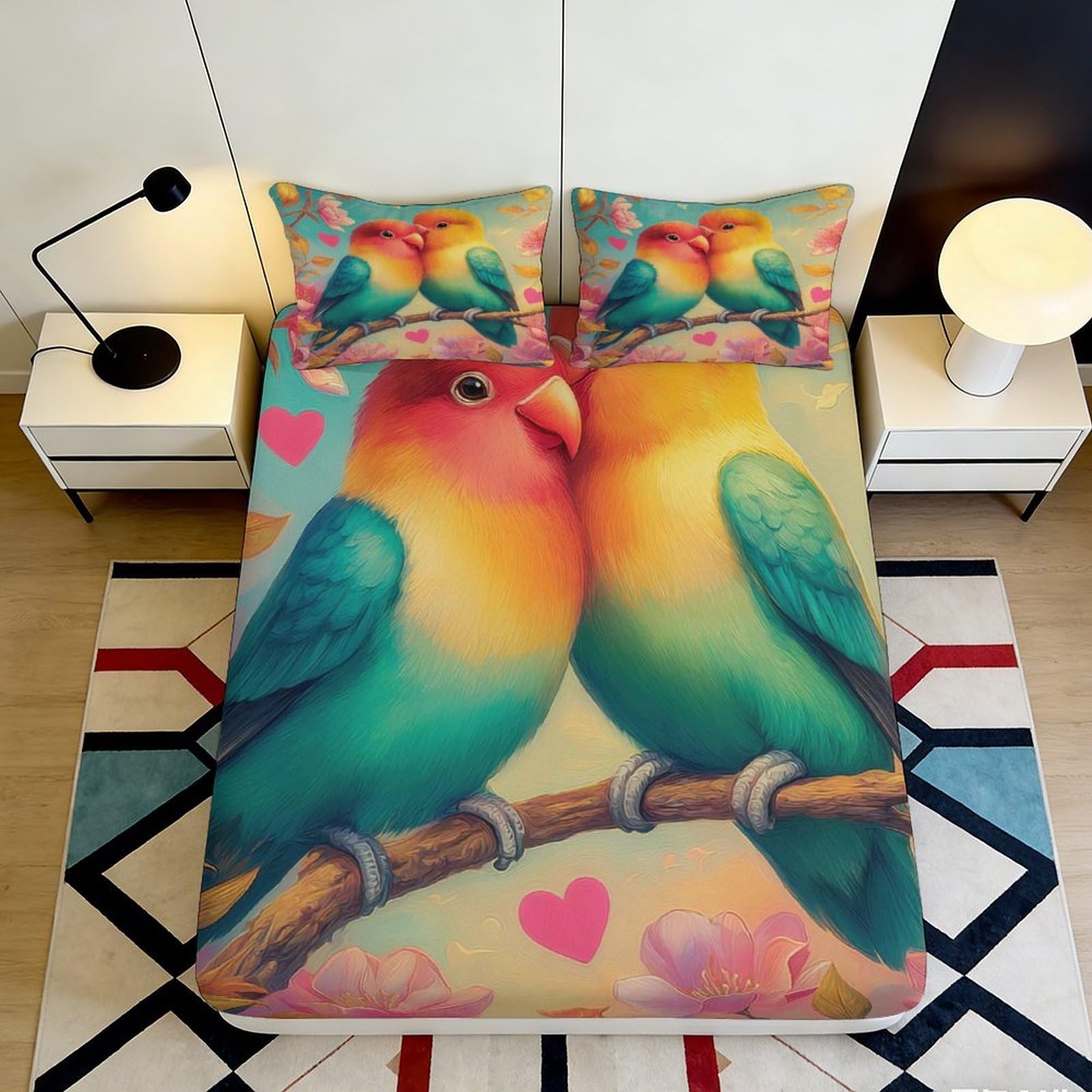 3D Printed Colorful Lovebirds Fitted Sheet Microfiber Soft Breathable Romantic Birds Bed Cover for Bedroom Dormitory Guest Room Mattress Protection 180x200x25cm