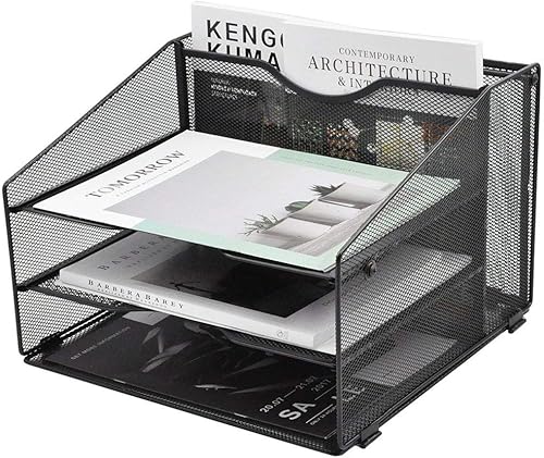 EASEPRES Organizador de archivos de malla para escritorio, soporte para carpetas de archivos con 3 bandejas de papel para cartas y 1 compartimento