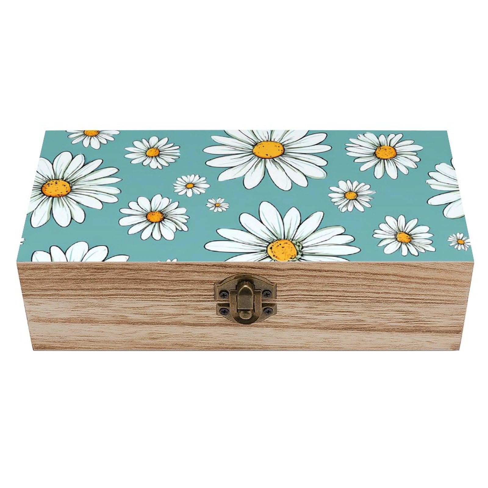 HLBSDM Daisy Wooden Box with Hinged Lid Decorative Storage Case Container
