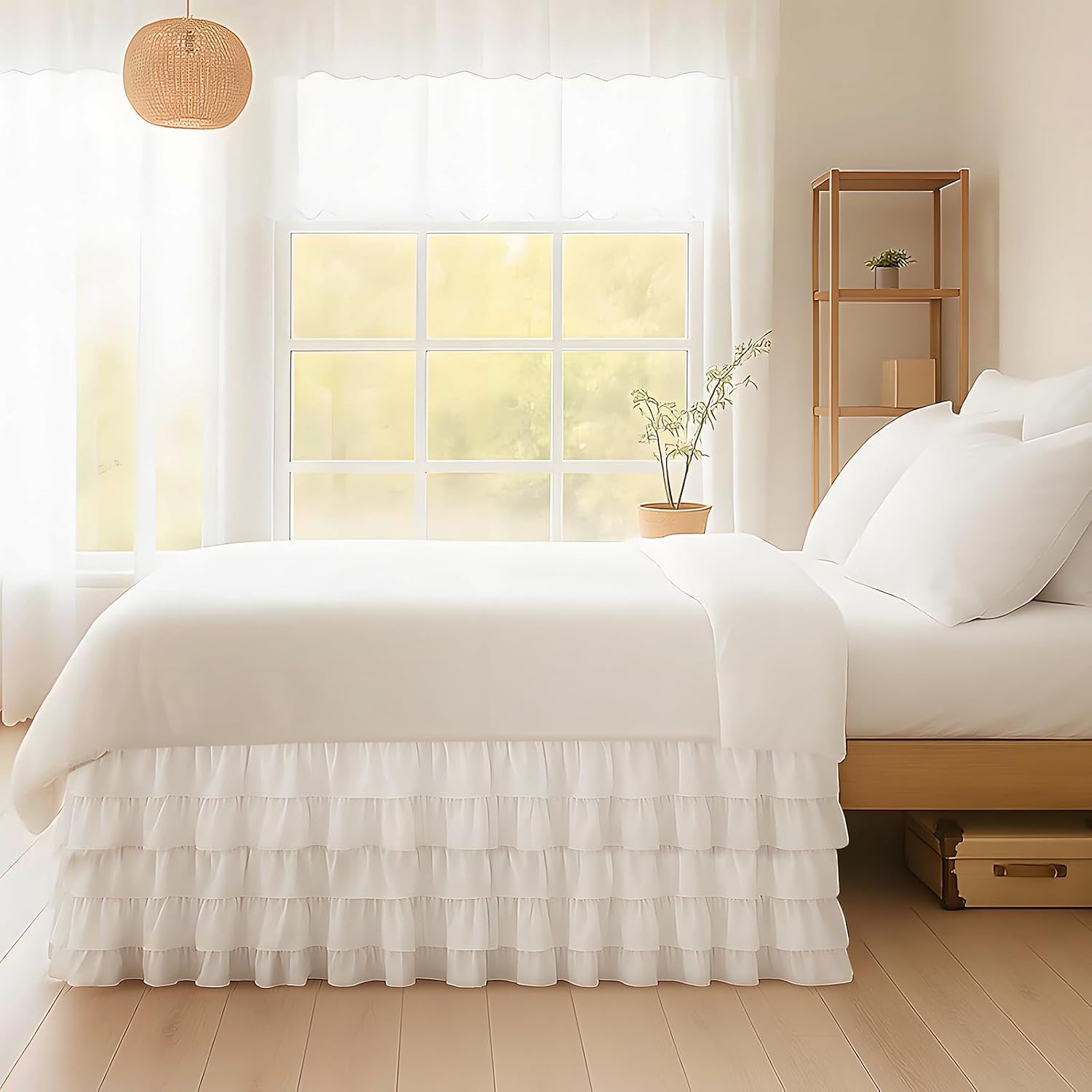 Mindsoft Multi Ruffled Dorm Room Bed Skirt Twin XL 36'' Drop Extra Long Dust Ruffled Bedskirt with Embroidered Details for College Dorm Bedrooms Hotels Guest Rooms, White