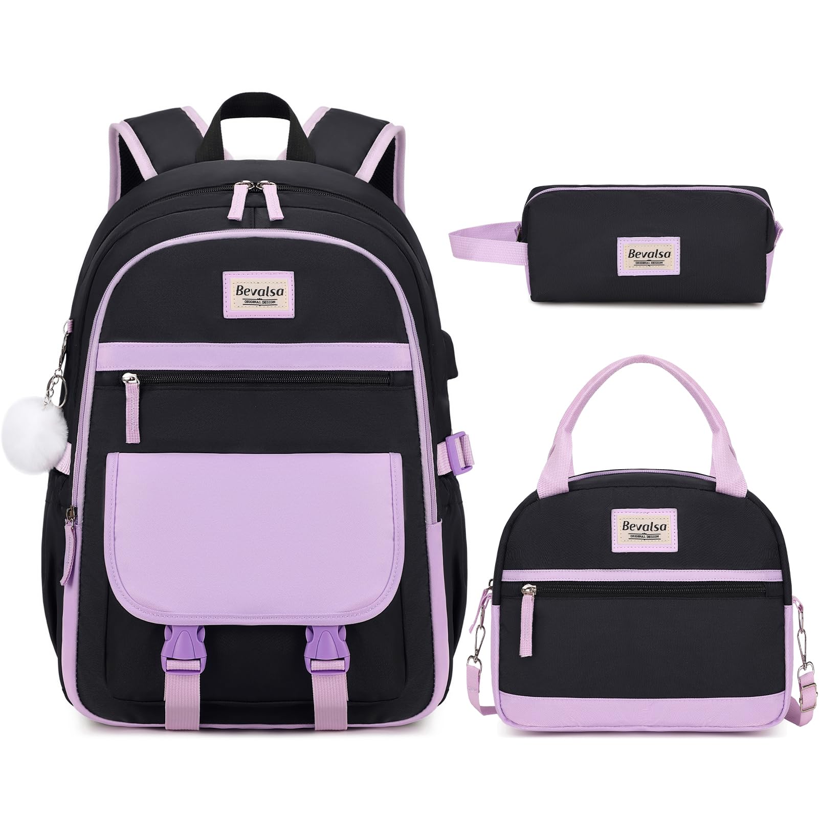 Bevalsa Backpack for Girls, School Backpacks for Girls, Kids Backpack with Lunch Box & Pencil Pouch for Teens Girl Kids Elementary Middle High School
