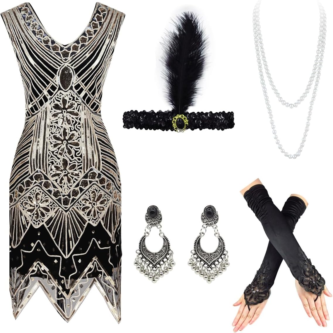 1920s Sequin Vintage Dress Beaded Gatsby Flapper Dress with Accessories Set