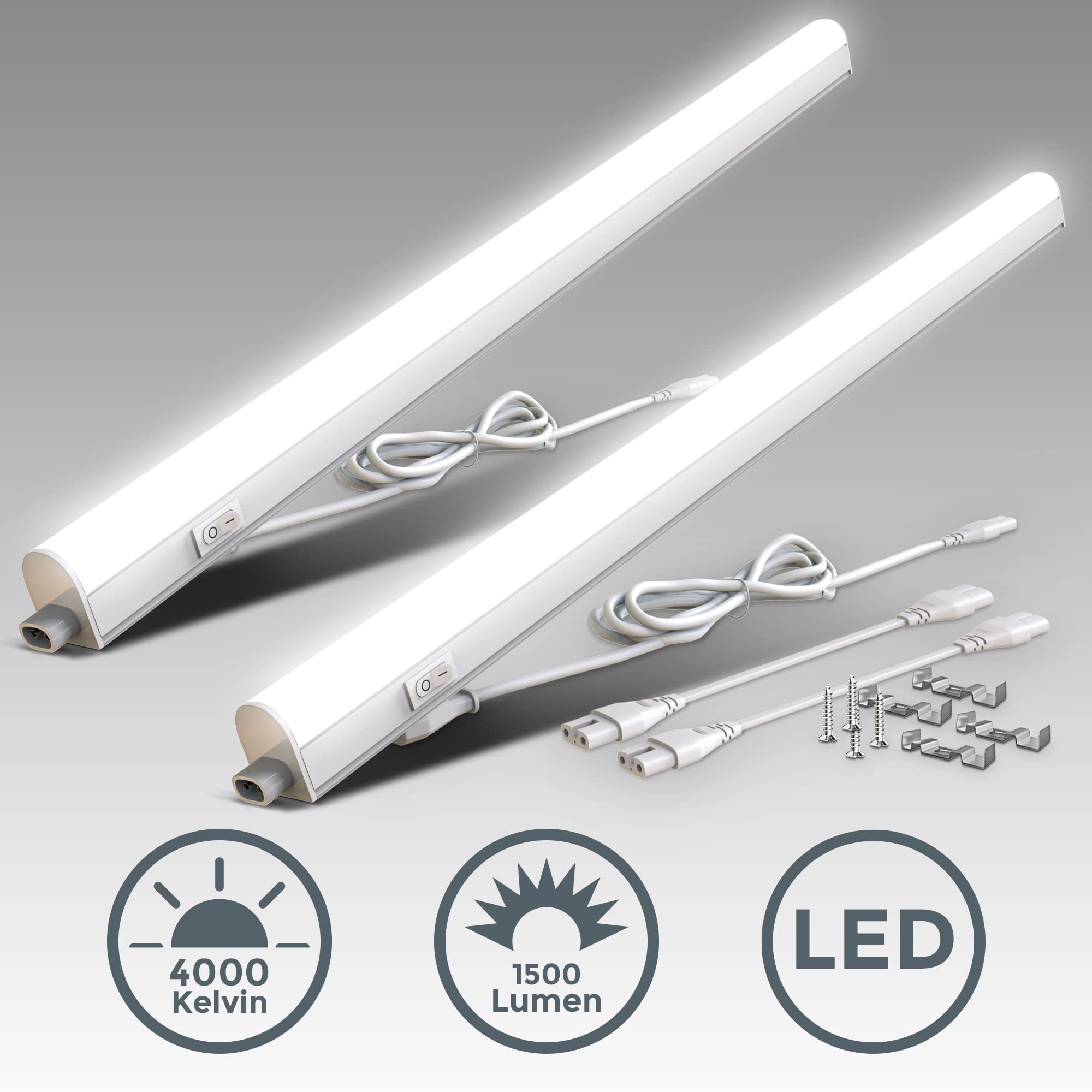 B.K.Licht - 2er Set LED Leiste mit Ein-Ausschalter, neutralweiße Lichtfarbe, erweiterbar, Unterbauleuchte Küche, LED Lichtleiste Küche, Schrankbeleuchtung, Küchenlampe, 87,3x2,2x3 cm, Weiß