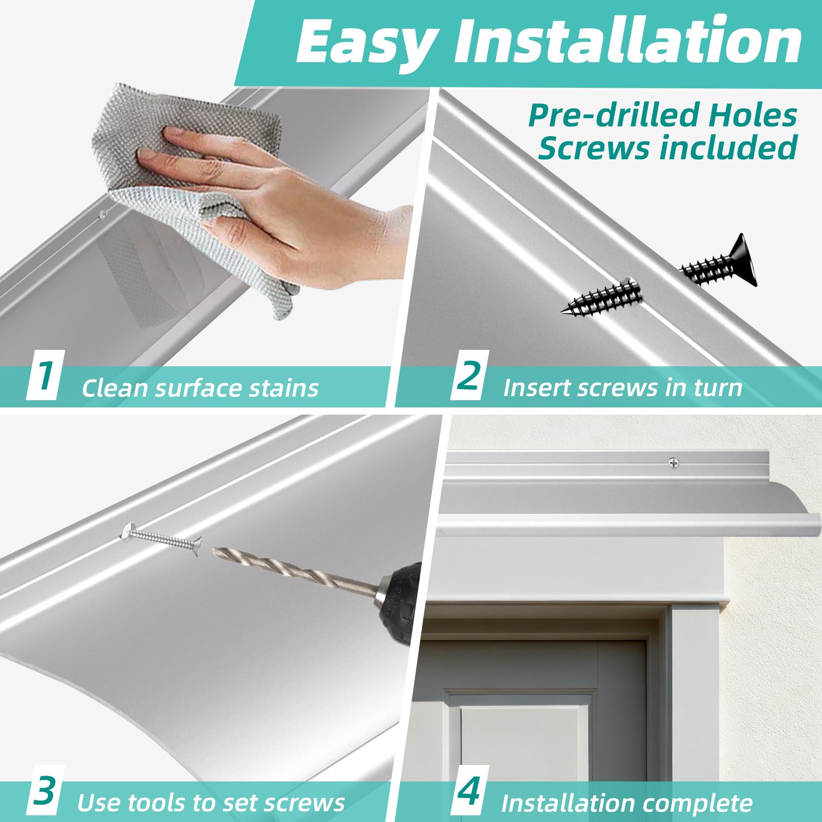 Raytano Paquete de 2 protectores de lluvia de aluminio extra anchos de 4.3 pulgadas, deflector de lluvia de 40 pulgadas de largo para puertas, ventanas, protección contra la intemperie para el hogar