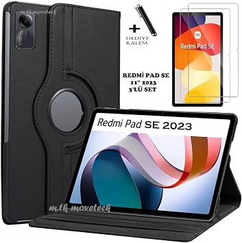 M.TK moveteck Xiaomi Redmi Pad Se 11 In  Tablet K l f 360 D ner Pu Deri Standl  Kapak Ekran Koruyucu ve Kalem Set, siyah, Tek Ebat, 360REDMSETS YAH