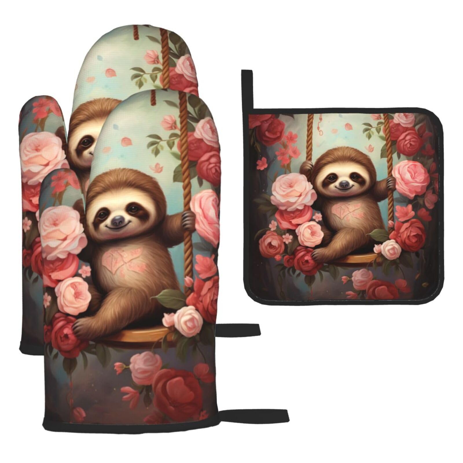Sloth sitting on a swing by the roses Oven mittens and oven mitts three-piece set suitable for oven, grilling, baking, microwave and home cooking.