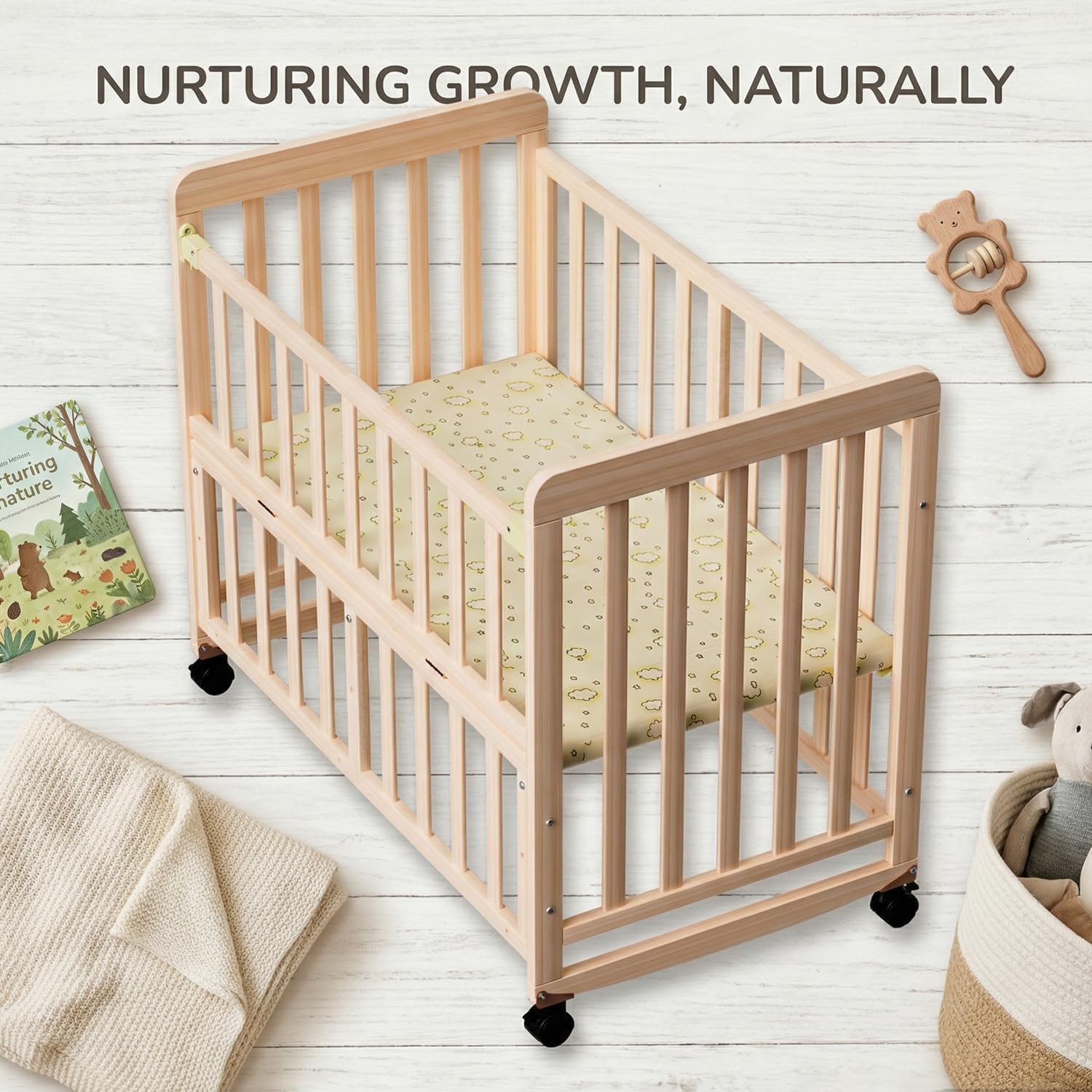 3-in-1 Mini Baby Crib - Baby Bassinets Bedside Sleeper, Solid Pine Wood Baby Bed with Adjustable Height, Natural Small Crib with Mattress & Lockable Wheels for Infant Baby Newborn | Solid Pine Wood