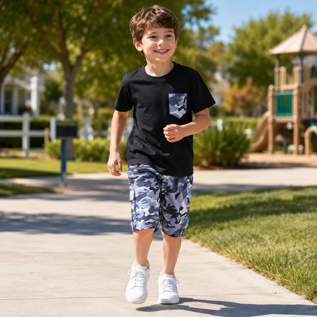 Tween Boys Short Sets Camo Pocket Tee Cargo Shorts Summer 2 Piece Outfits
