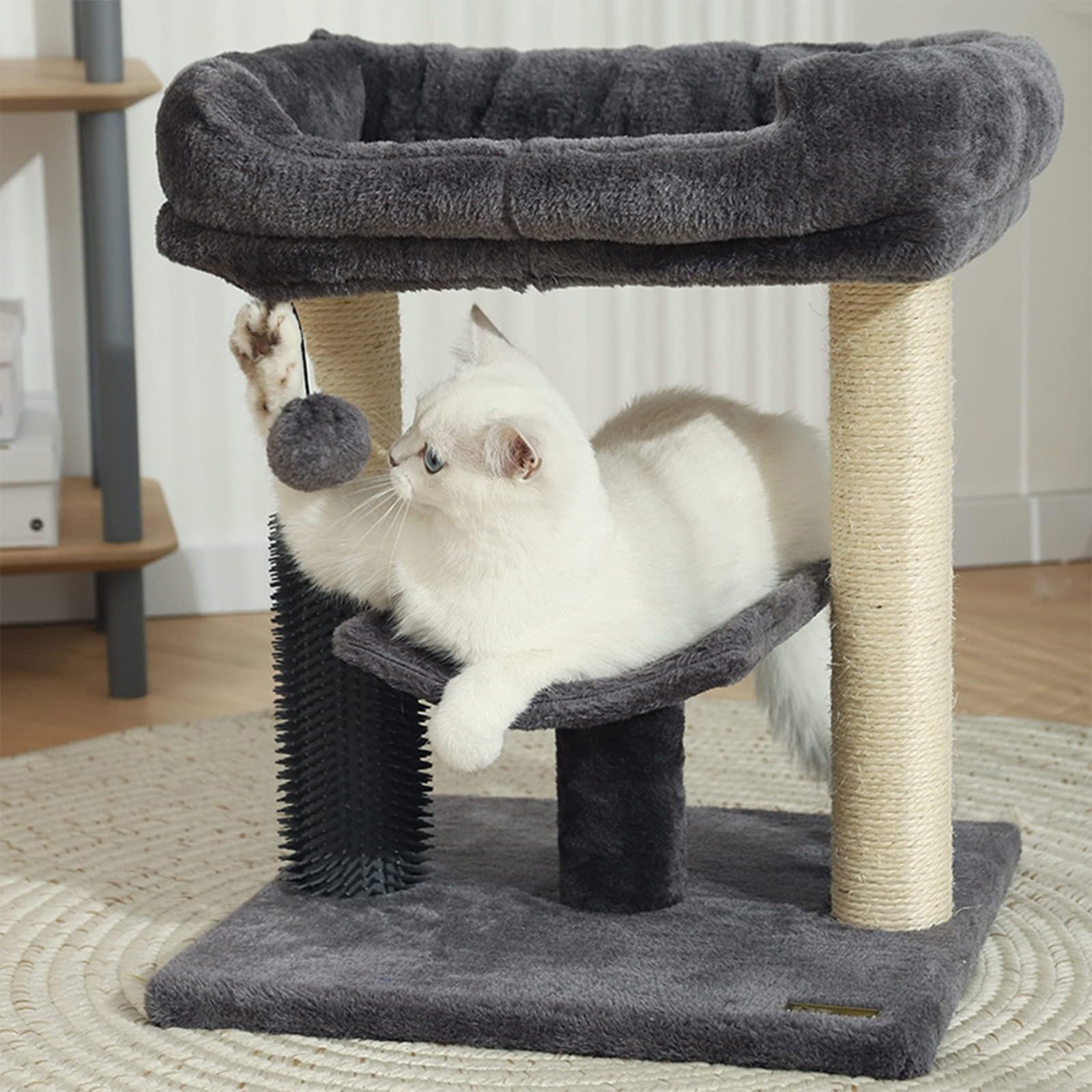 Torre de árbol para gatos de dos pisos, cama de felpa para gatos, árbol pequeño para gatos de interior, centro de actividades, árbol trepador, muebles para gatos con bola de juguete divertida, gris A,