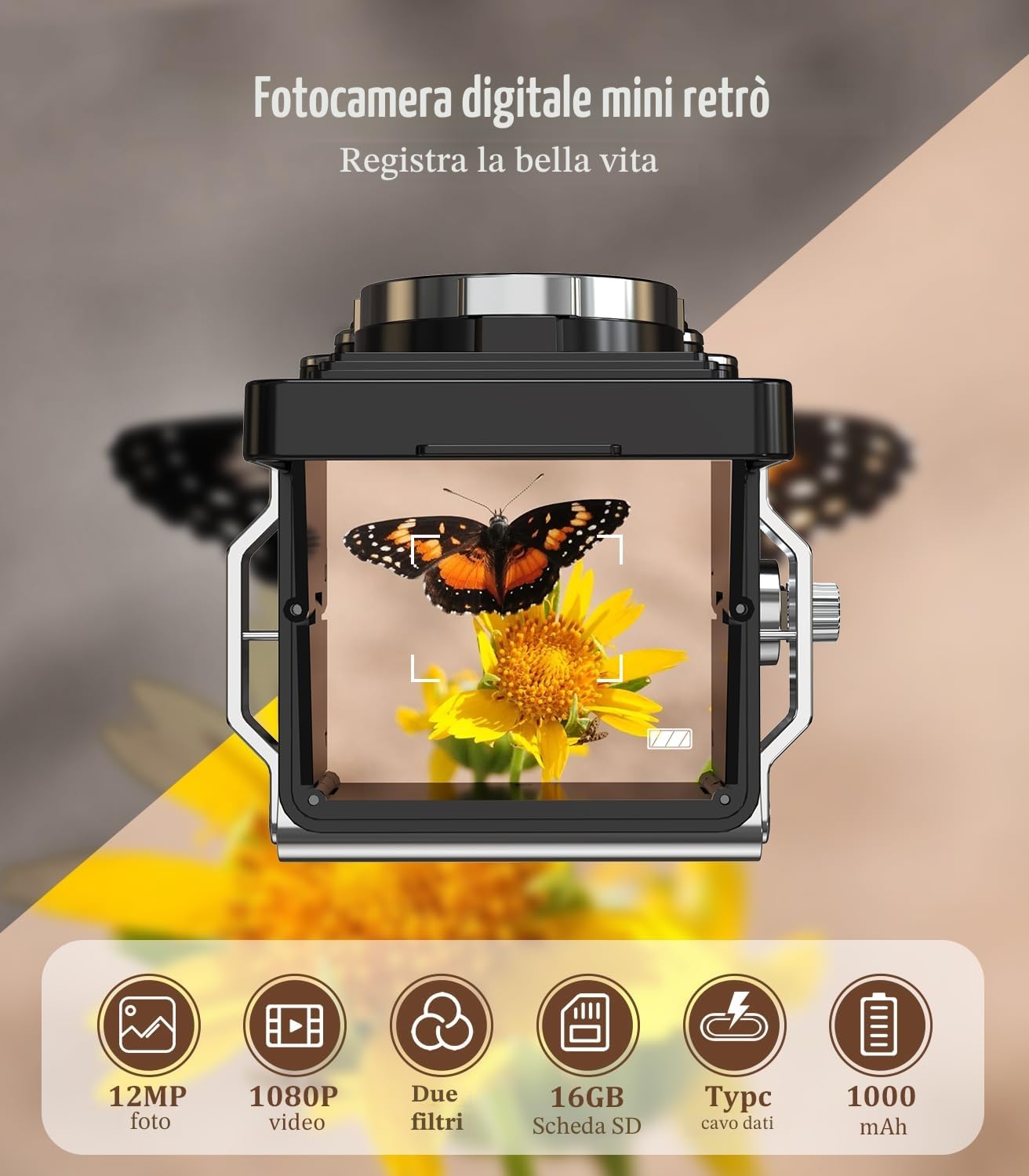 Mini fotocamera digitale retrò, Mini Macchina Fotografica Digitale Vintage 1080p FHD video 12MP autofocus punto e scatta, Fotocamera Tascabile compatta con scheda da 16 GB