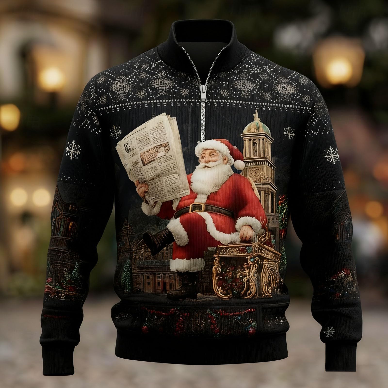 Générique Bluza bez kołnierzyka z pół-błyskawicą i niepowtarzalnym nadrukiem z prążkowaną fakturą dla eleganckiego casualowego i świątecznego stylu w różnych wzorach
