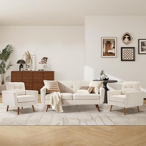Miniatura 7 de Tbfit Sofá individual de tela de lino, silla de acento, sillón moderno de mediados de siglo para sala de estar, dormitorio, tapizado con botones,