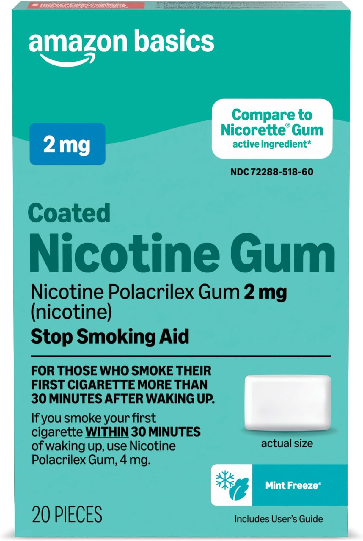 Coated Nicotine Gum, 2 mg, Ice Mint Flavor, Stop Smoking Aid, 20 Count (Previously Amazon Basic Care)