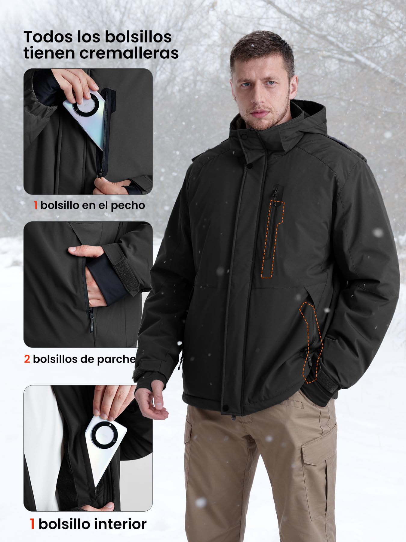 Chaqueta de invierno impermeable para hombre con forro polar y capucha extraíble