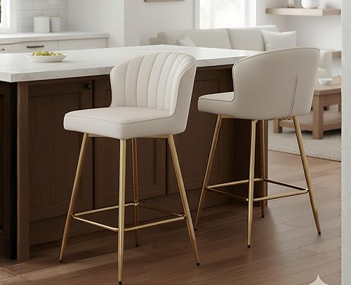Miniatura 20 de EALSON - Juego de 2 taburetes de bar de altura de mostrador, sillas modernas de bar con respaldo, taburetes de bar tapizados en cuero con reposapiés