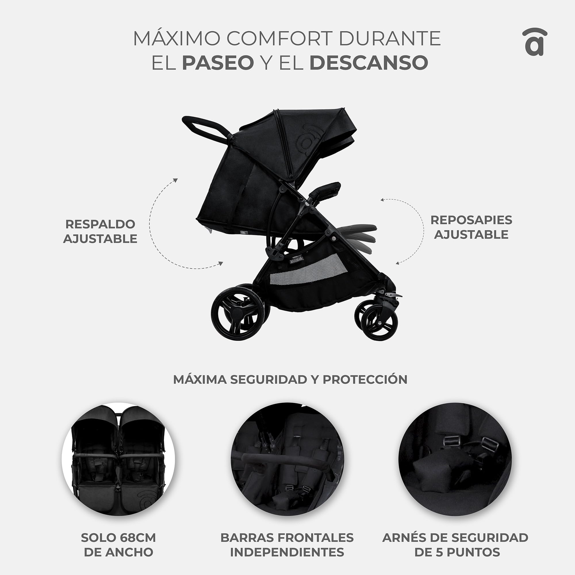 Asalvo DOBLE BRO Silla paseo Gemelar, Carrito Doble, Reclinable y Plegable, Silla para Gemelos y Hermanos, Ligera, Compacta, Desde Nacimiento hasta 22 kg, Carga máx 46,5 kg, Capota con Ventana, Gris
