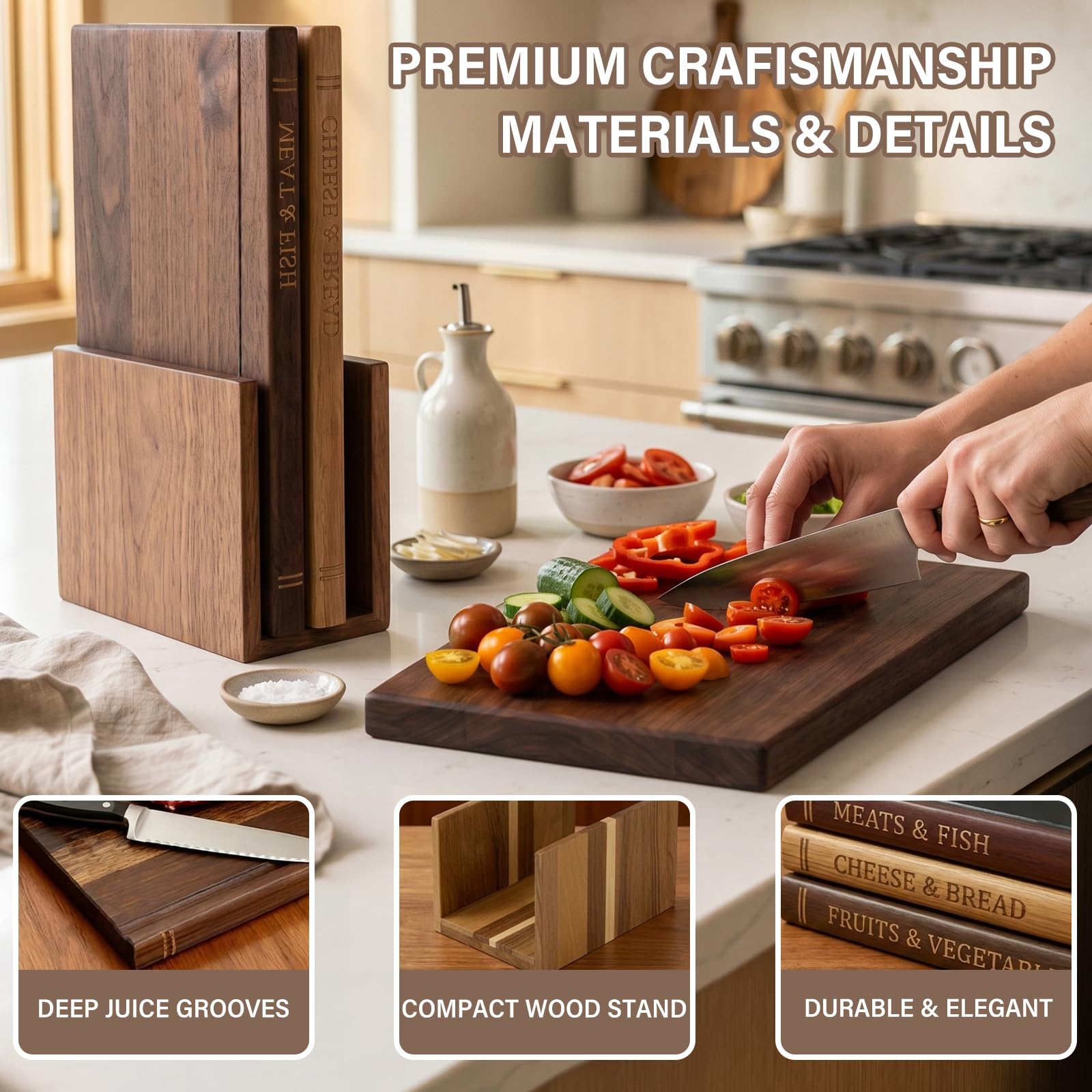 Schneidebrett, das aussieht wie Bücher, 3er Set Holz Schneidebretter mit Ständer, dekoratives Buchdesign für Käse, Brot, Fleisch & Gemüse