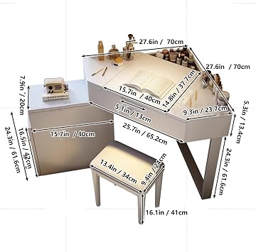 Solid Wood Corner Vanity Desk with Chair FlipTop Mirror Expandable Storage Cabinet Interchangeable Left and Right Dresser with Mirror Small Spaces Makeup Vanity Set (Natural)