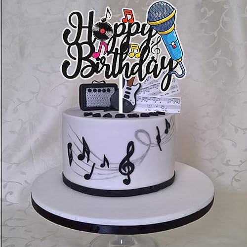 Miniatura 3 de Micrófono para tarta de cumpleaños, nota musical, karaoke, decoración de pastel de cumpleaños, decoración negra con purpurina musical, suministros
