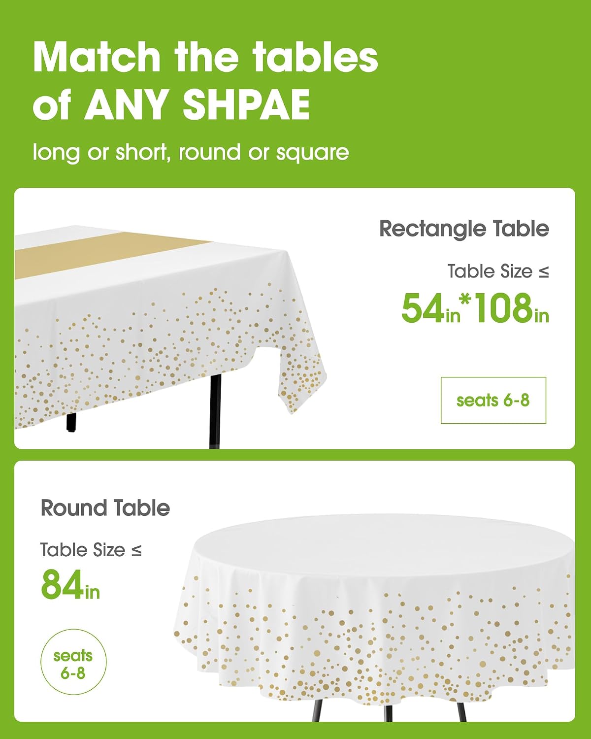 pureegg plastic table cloth disposable 8 pack, 54 x 108 inch, table runner style, graduation decorations 2026, party tablecloths, rectangle, plastic cover, leakproof & sturdy, white gold white gold 54" x 108" rectangle