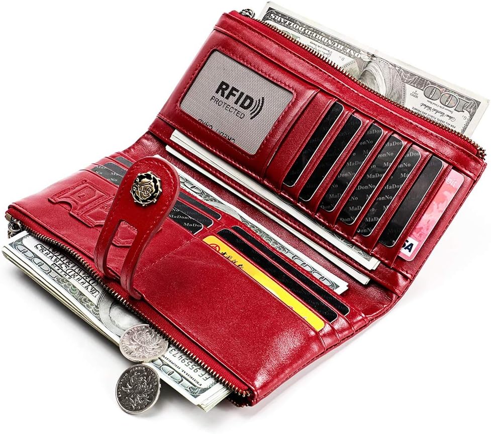 Women's RFID Blocking Wallet Soft Leather Clutch Money Ladies Purse Slim Card Holder Organizer Zip Pocket (3513-Red) - Image 5