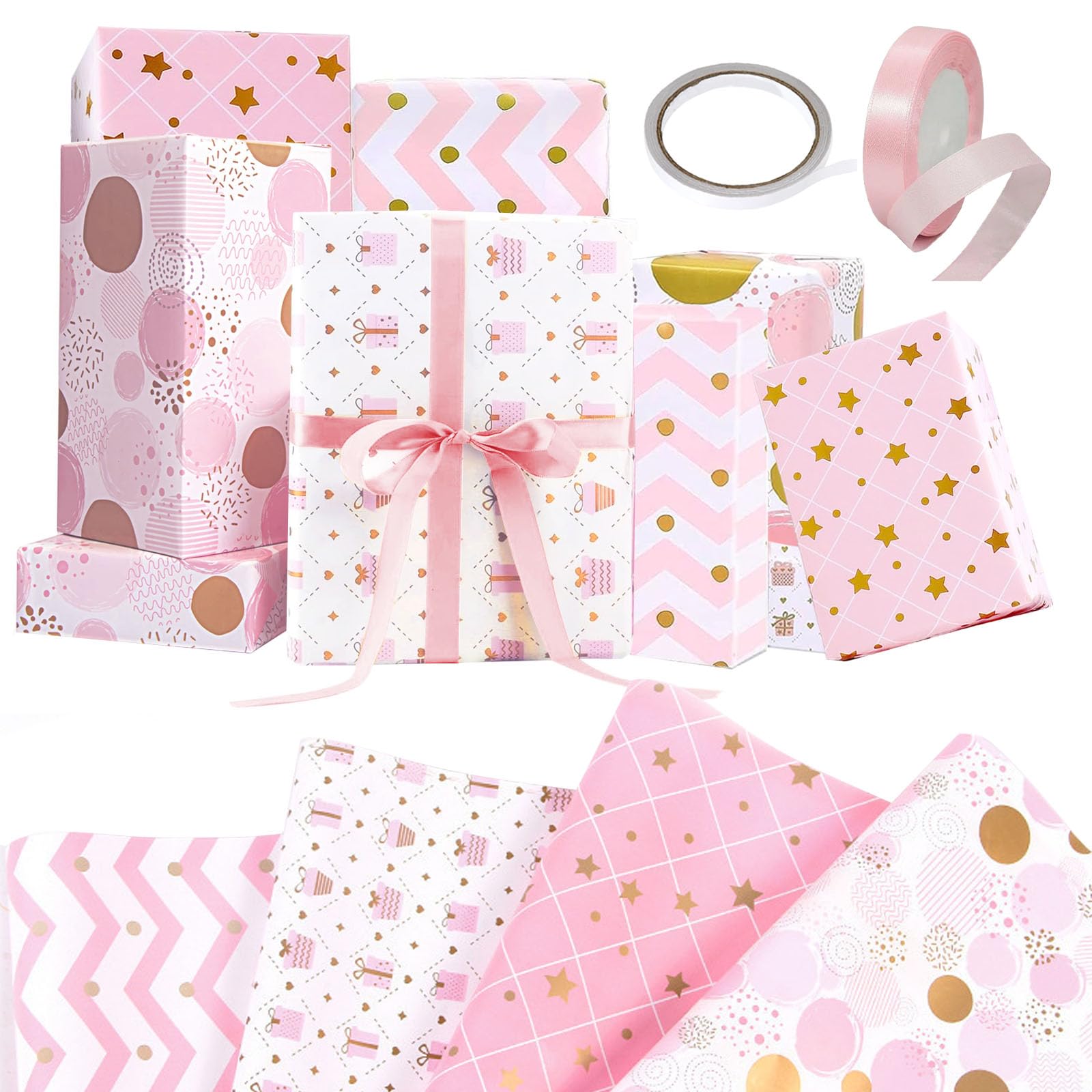 12 Pink Wrapping Paper, Recyclable Gift Wrap with Tape and Ribbon 70X50CM